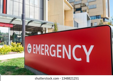 Red Emergency sign outside a hospital emergency department in Bendigo, Australia.