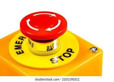 Red Emergency Stop Safety Push Button, Industrial Machine Rotation Release Alarm Switch Object Detail, Closeup, Nobody Workplace Safety Rules Occupational Safety And Health Protection Abstract Concept