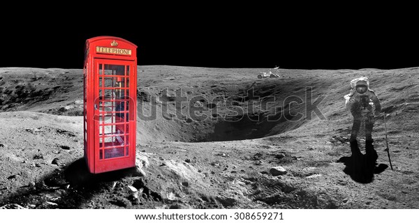 Red english london phone\
booth on the surface of the moon - elements of this image are\
provided by NASA