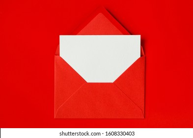 Red Envelope With Blank White Paper. Valentine's Day Background. Mockup Of Love Letter.