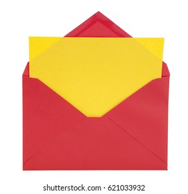 Red envelope with blank yellow note card. Isolated.