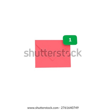 Red envelope featuring a green notification icon displaying number one, representing new message, unread email, or important communication, conveying concepts of delivery and news.