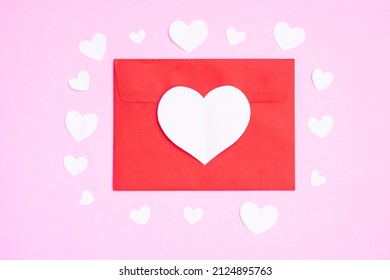 Red Envelope With Heart Papercut On Pink Background