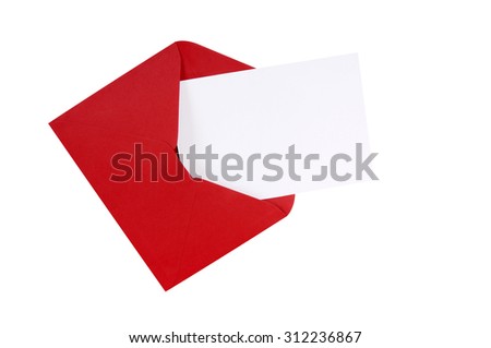 Red envelope open, blank white greeting card, isolated