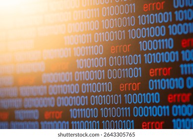 Red error messages within blue binary code. System failure, digital indicators signal a critical system crash, emphasizing vulnerability and the need for data protection