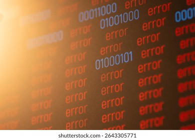 Red "error" messages within code. Digital visualization of numerous system errors, highlighting data vulnerability and potential cyber threats