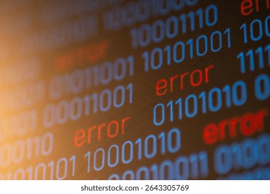 Red "error" words stand out amidst blue binary code on computer screen. Indications signal a critical system crash, emphasizing vulnerability and the need for digital data protection