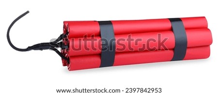 Red explosive dynamite bomb on white background