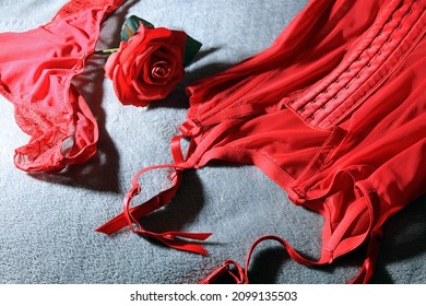 Red Fabric Rose With Lacy Underwear. Love And Romance Concept.
