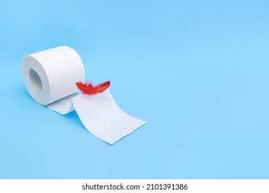 Red feather and toilet paper on light blue background. Hemorrhoid disease concept. Selective focus, copy space