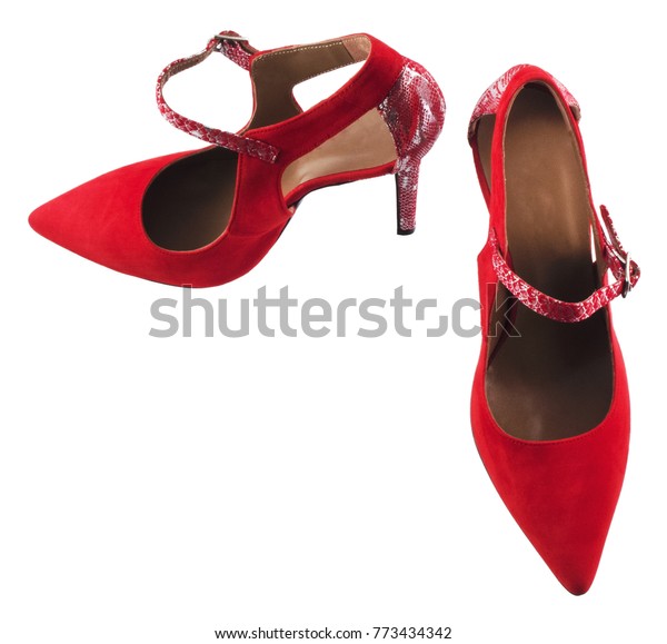 Red Female Suede Shoes Heel Buckle 