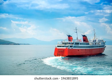 Red Ferry Boat Sailing On The Mediterranean Sea