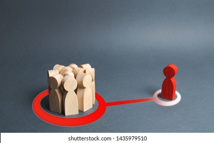 Red Figure Of A Man And A Crowd Of People Are Connected By An Abstract Line. Crowd Or The Majority Influences Person. The Imposition Of Rules And Opinions Of Society, Failure Of Initiatives And Ideas.