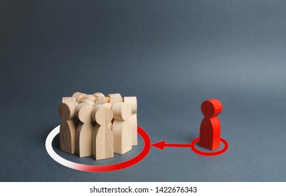 The red figure of a person exerts influence and pressure on a group of people in order to change their opinion and vision of reality. Manipulation, informational stuffing, provocation and speculation. - Shutterstock ID 1422676343