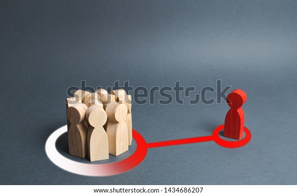 The red figure of a person influences a crowd of\
people. Expressing your own opinion, turning to your side. Mastery\
of persuasion, propoganda, influence on the masses. Warming up the\
mood of the crowd