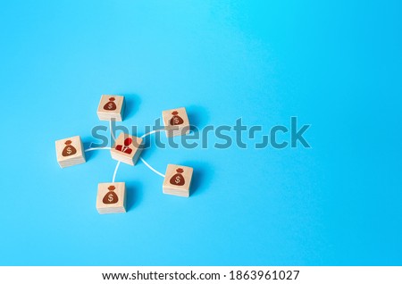 Red figurine of a man is connected by lines with money blocks. Investment portfolio management. Search for funding and sponsorship. Receiving financial proposals. Savings preservation growth strategy.