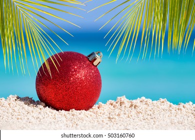 red fir tree decoration ball on sandy beach with palm tree leaves tropical christmas and - Palm Tree Christmas Decorations red fir tree decoration ball on sandy beach with palm tree leaves tropical christmas and - Palm Tree Christmas Decorations
