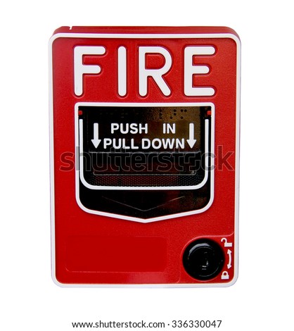 Red fire alarm pull station isolated over a white background