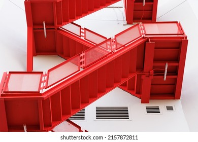 Red Fire Exit Stair, Outdoor Fire Escape Ladder.