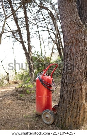 
Red fire extinguisher in forest near trees. Stop forest fires. Protection, 
precaution and security concept photo.