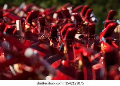 A lot of red fire extinguishers on service. - Shutterstock ID 1542123875