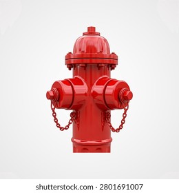 Red fire hydrant with chain and two nozzles on white background