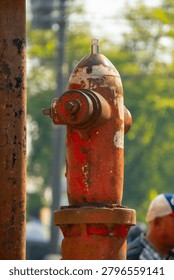 Red fire hydrant is a common sight on city streets. This hydrant shows significant signs of wear, with peeling paint and rust.