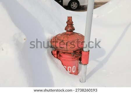 Red fire hydrant partially buried in deep snow with a marker pole in winter.