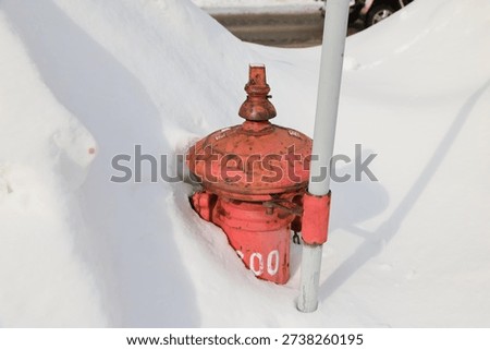Red fire hydrant partially buried in deep snow with a marker pole in winter.