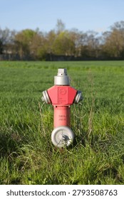 Red fire hydrant positioned in front of a green agricultural field with a blurred natural background. The image symbolizes emergency response infrastructure, water access, public safety, firefighting readiness, and municipal services.