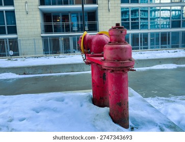 A red fire hydrant is positioned on snow near buildings with glass windows. The scene shows winter weather with snow around the hydrant.