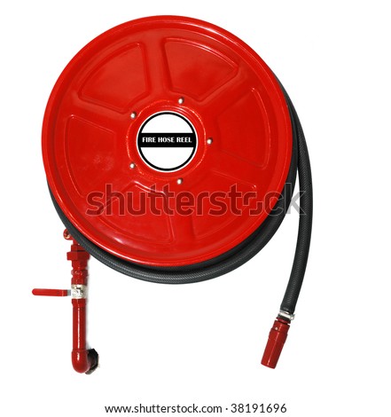 red fire hydrant reel on a wall