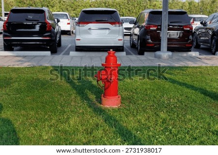 Red fire hydrant standing on green grass, with parked cars visible in the background. Essential urban safety equipment and public infrastructure.