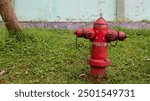 A red fire hydrant stands tall in a lush green garden. Its weathered surface and chain add a touch of vintage charm. Red Fire Hydrant in a Green Garden