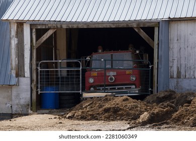 a red firetruck parked inside a dark barn behind a metal fence on a sunny day