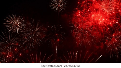 Red Firework celebrate anniversary happy new year 2024, 4th of july holiday festival. red firework in night time celebrate national holiday. Countdown to new year 2024 festival party time event - Powered by Shutterstock