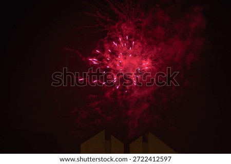 A red firework explodes in the night sky. The red color of the fireworks is created by adding strontium salts to the pyrotechnic mixture. Fireworks are used for New Year's Eve and various other holidays.