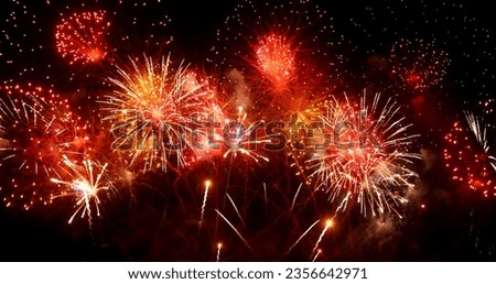 Red firework night background in dusk time celebrate national holiday. Countdown to new year 2024 festival party time event. Red Firework anniversary happy new year 2024, 4th of july holiday festival
