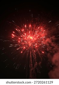 Red fireworks explode against a deep black sky, scattering bright sparks in all directions and capturing a fleeting moment of new year celebration.
