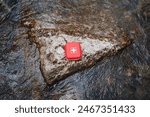 A red first aid kit with a white cross symbol on rocky surface by a stream. Essential for outdoor emergencies, survival in wilderness, and medical aid. Perfect for adventure, camping, or travel