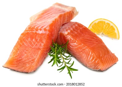 Red fish. Raw salmon fillet with rosemary and lemon isolate on white background. Clipping path and full depth of field - Shutterstock ID 2018012852