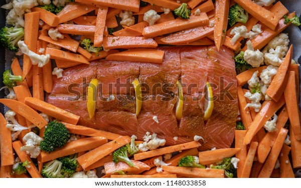 Red Fish Salmon Sweet Potatoes Broccoli Stock Photo Edit Now 1148033858