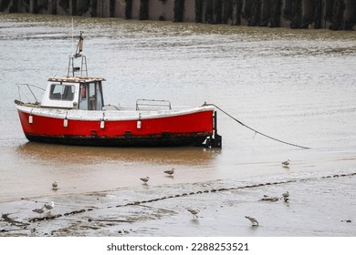 Red Fishing Boat at Folkestone Harbour and Seagulls on the Beach - Powered by Shutterstock