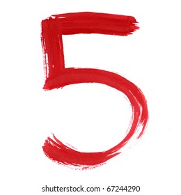 Red Five Isolated On White Background. Number 5 Painting Stroke Sketch. One From Collection Set.