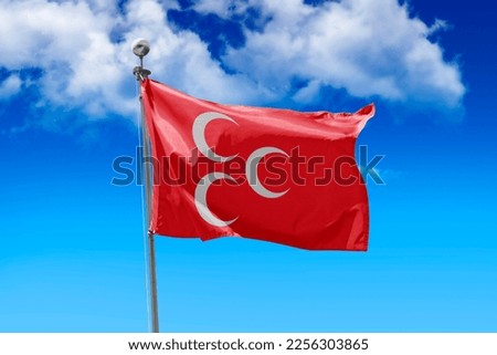 Red flag of the Nationalist Movement Party turkey flying in a stiff breeze against a clear blue sky.
