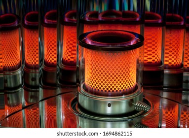Red flame of oil heater.
Kerosene heater; oil stove.