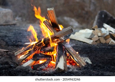 Red flames of teepee campfire on dark ground at campsite in wild at overcast, closeup bonfire with firewood on backdrop, autumn relax camping mood, low angle