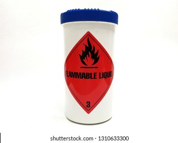 Red Flammable Liquid Warning Sign, Label On White Bottle With Blue Cap Color. Dangerous Chemical Container. Isolated On White Background.