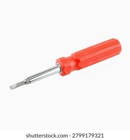 Red flathead screwdriver interchangeable bit tool.Interchangeable bit driver,Hand tool.Slotted screw tool,Flathead screwdriver,Slotted screwdriver bit,