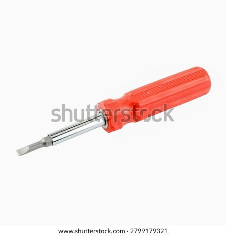 Red flathead screwdriver interchangeable bit tool.Interchangeable bit driver,Hand tool.Slotted screw tool,Flathead screwdriver,Slotted screwdriver bit,